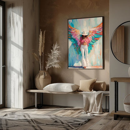 This captivating artwork exudes a blend of ethereal beauty and modern flair. The bold, vivid wings for residence