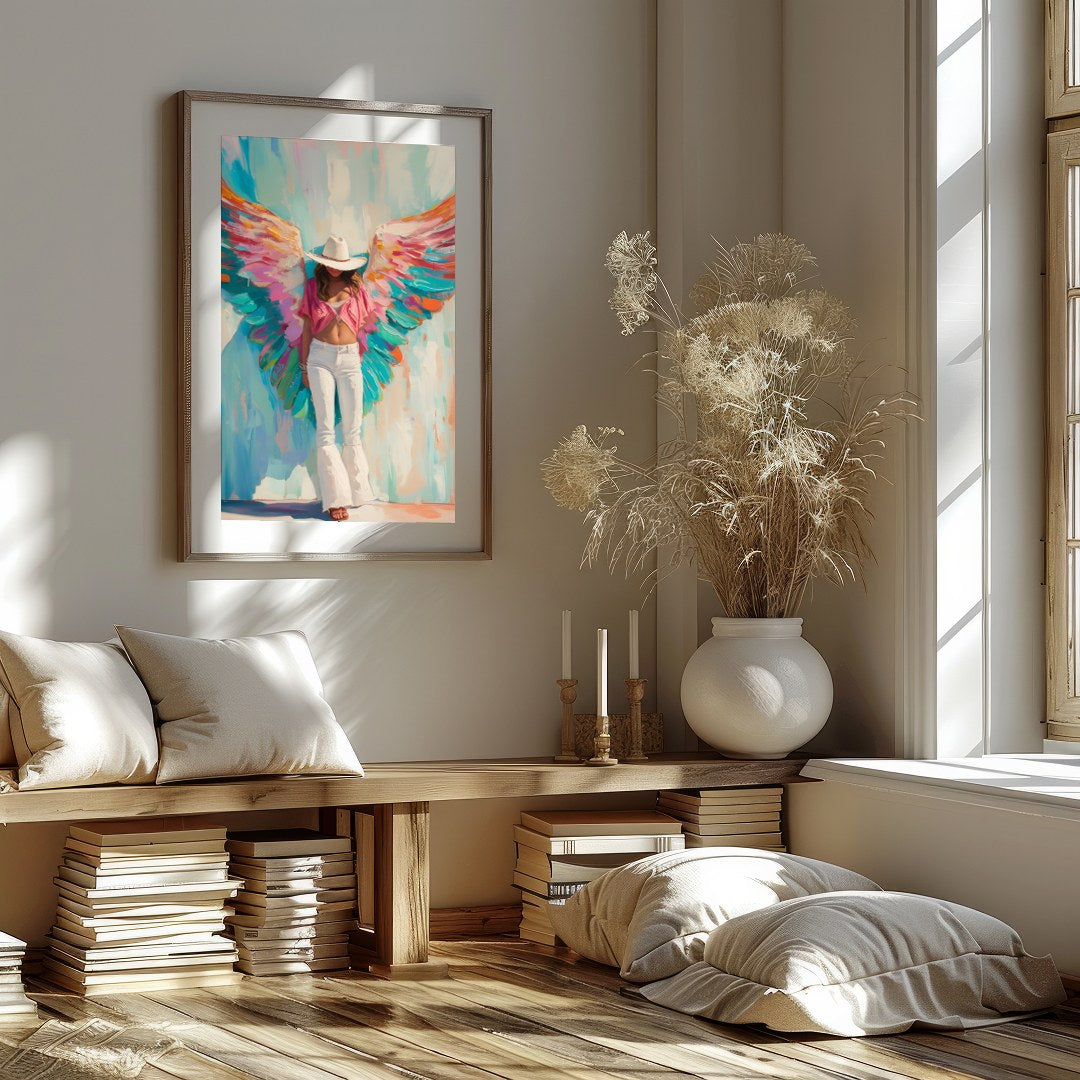 This captivating artwork exudes a blend of ethereal beauty and modern flair. The bold, vivid wings for retreat