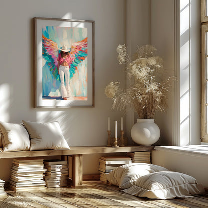 This captivating artwork exudes a blend of ethereal beauty and modern flair. The bold, vivid wings for retreat