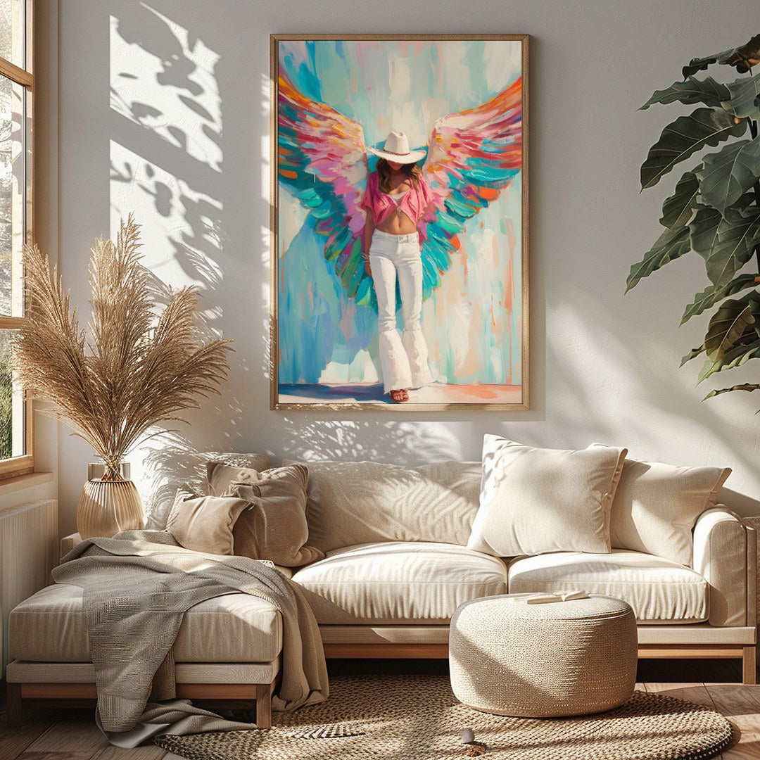 This captivating artwork exudes a blend of ethereal beauty and modern flair. The bold, vivid wings for Sitting Area