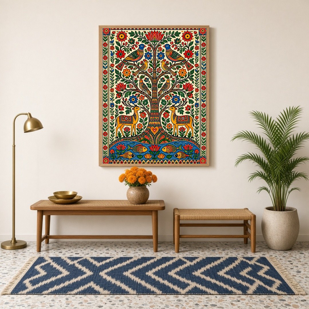 This captivating Pattachitra artwork brings to life the vivid tapestry of the Tree of Life, for haven