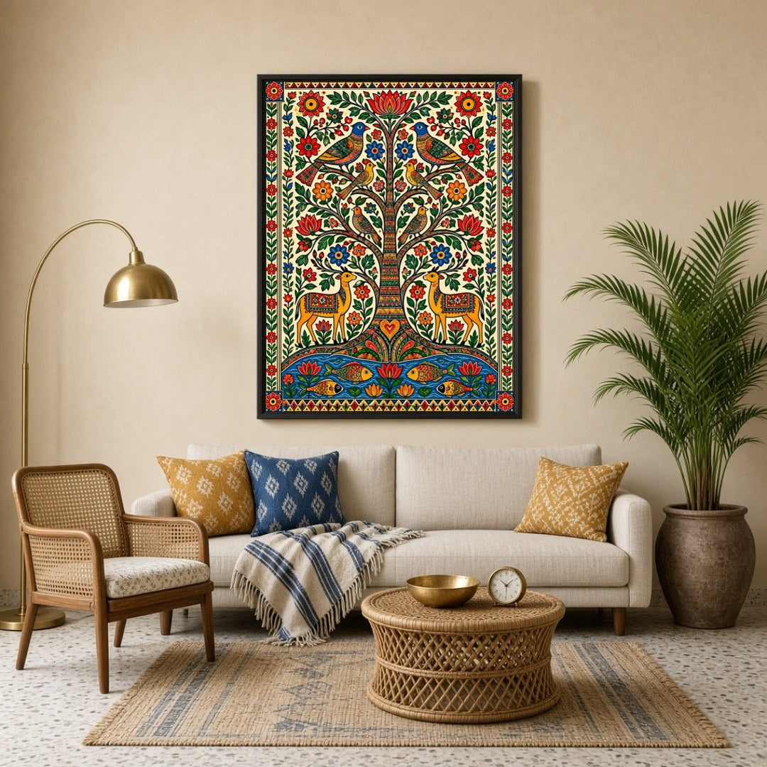 This captivating Pattachitra artwork brings to life the vivid tapestry of the Tree of Life, for Living Room