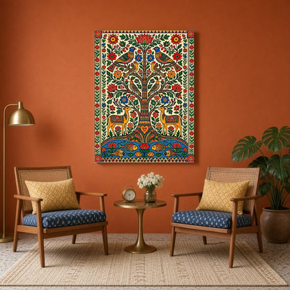 This captivating Pattachitra artwork brings to life the vivid tapestry of the Tree of Life, for Sitting Area