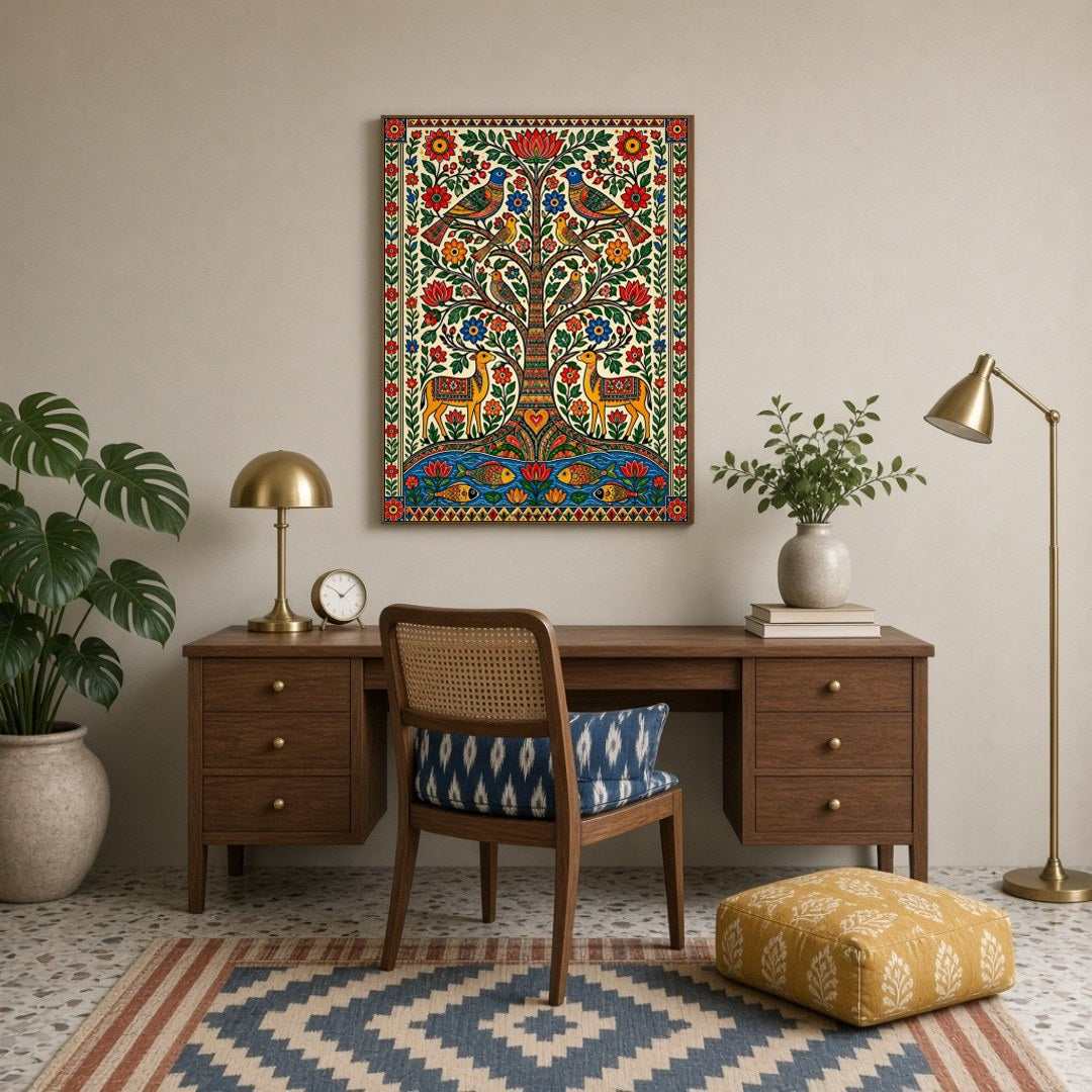 This captivating Pattachitra artwork brings to life the vivid tapestry of the Tree of Life, for Study