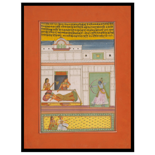 Immerse yourself in the allure of this stunning Ragamala artwork, capturing a poised blue-hued for loft