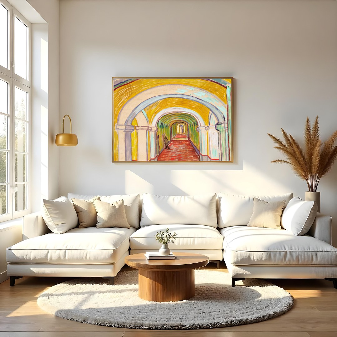 Step into a mesmerizing corridor that captures the essence of movement and architecture. This for Living Room