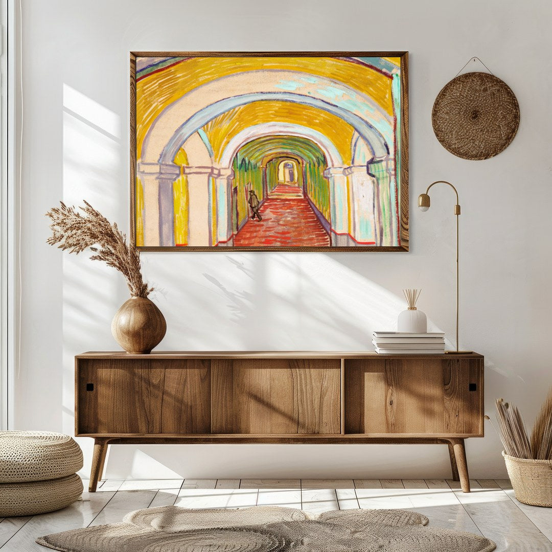 Step into a mesmerizing corridor that captures the essence of movement and architecture. This for Sitting Area