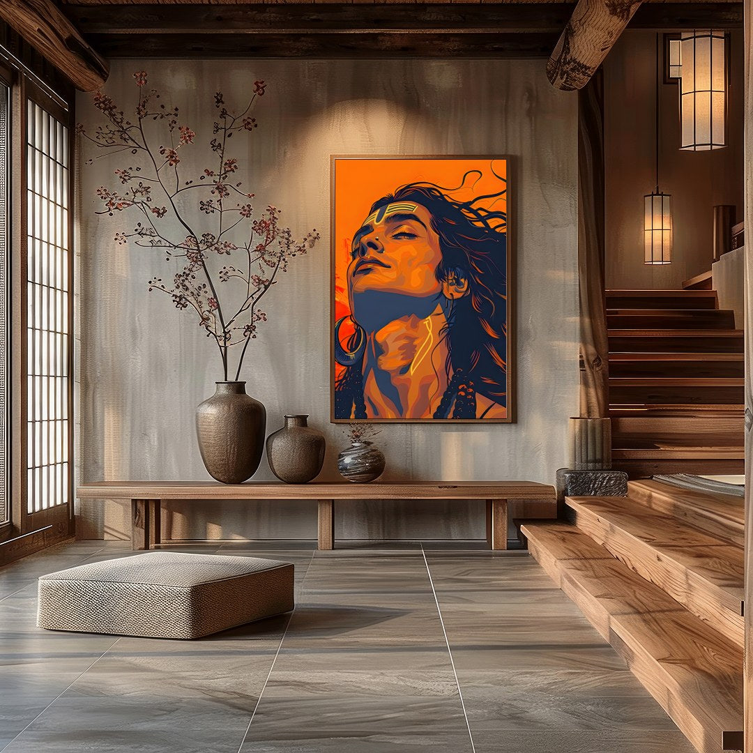 Immerse yourself in the bold and vibrant aesthetics of this striking portrait. The fusion of for Hall
