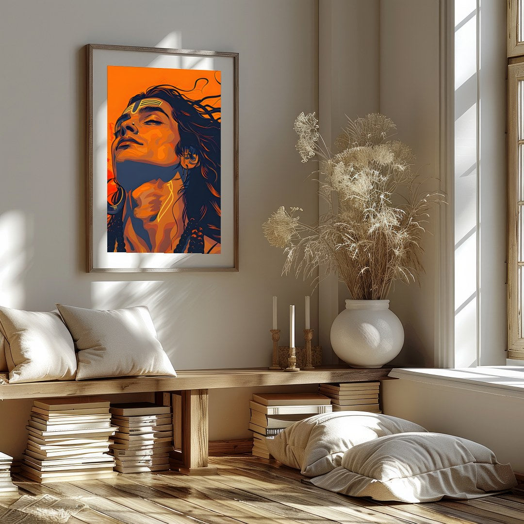 Immerse yourself in the bold and vibrant aesthetics of this striking portrait. The fusion of for retreat