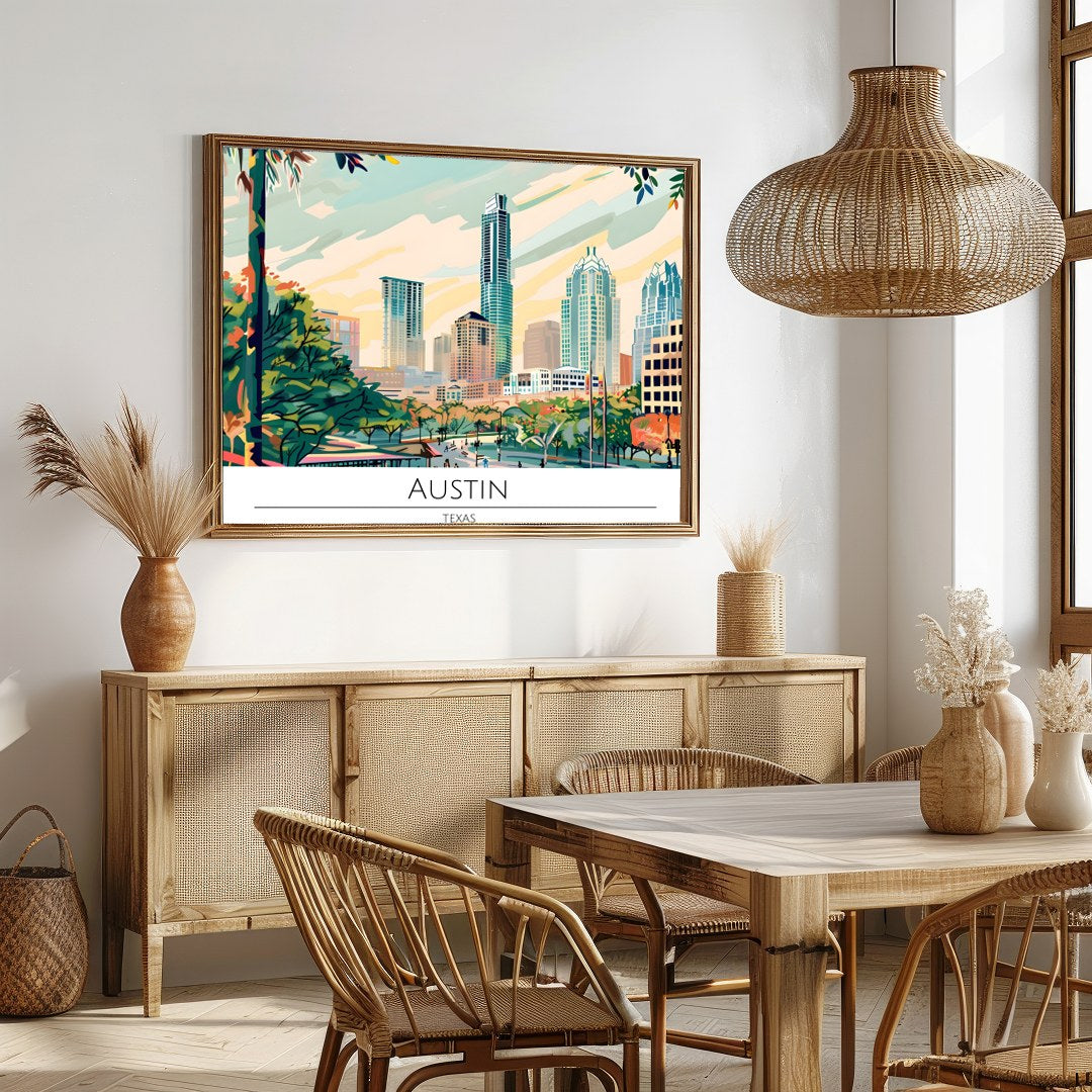 Capture the dynamic spirit of Austin, Texas with this vibrant skyline illustration. Featuring a for Dining