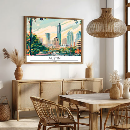 Capture the dynamic spirit of Austin, Texas with this vibrant skyline illustration. Featuring a for Dining
