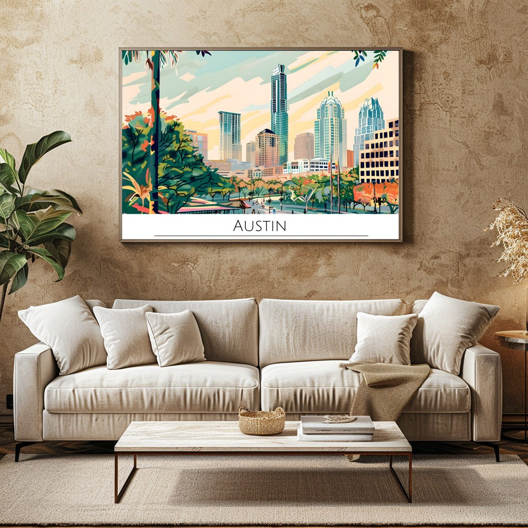 Capture the dynamic spirit of Austin, Texas with this vibrant skyline illustration. Featuring a for Family Room