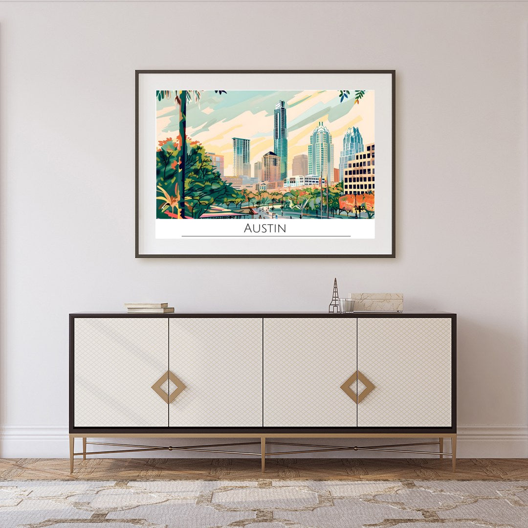 Capture the dynamic spirit of Austin, Texas with this vibrant skyline illustration. Featuring a for Foyer