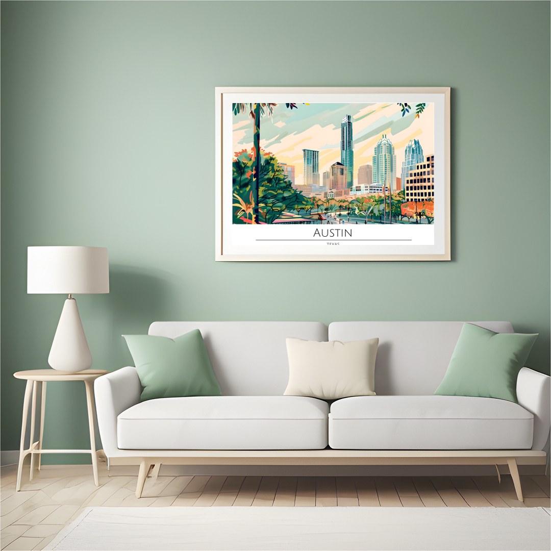 Capture the dynamic spirit of Austin, Texas with this vibrant skyline illustration. Featuring a for Hall