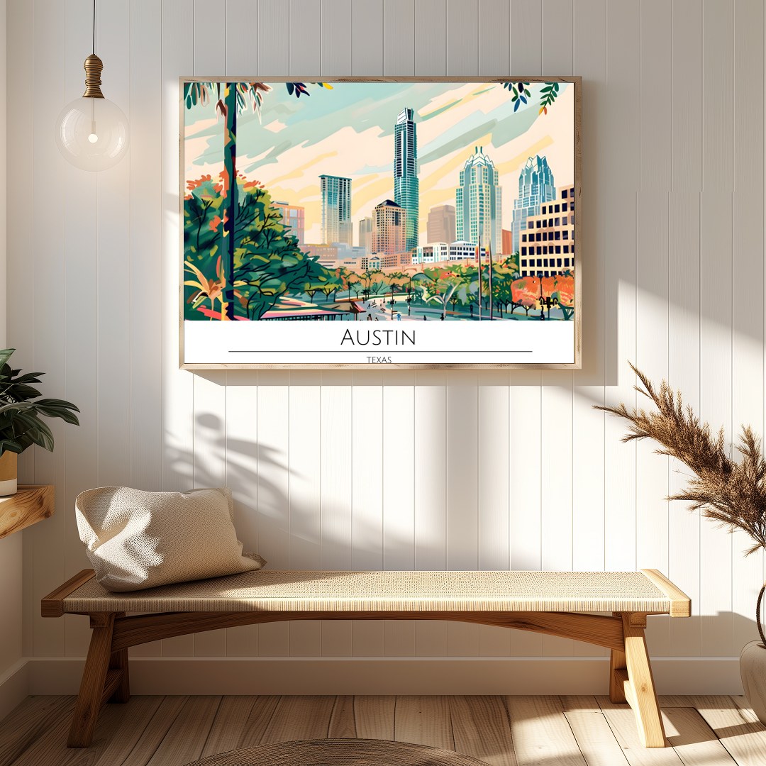 Capture the dynamic spirit of Austin, Texas with this vibrant skyline illustration. Featuring a for Hallway