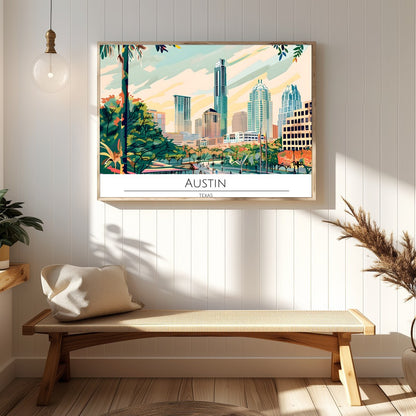 Capture the dynamic spirit of Austin, Texas with this vibrant skyline illustration. Featuring a for Hallway
