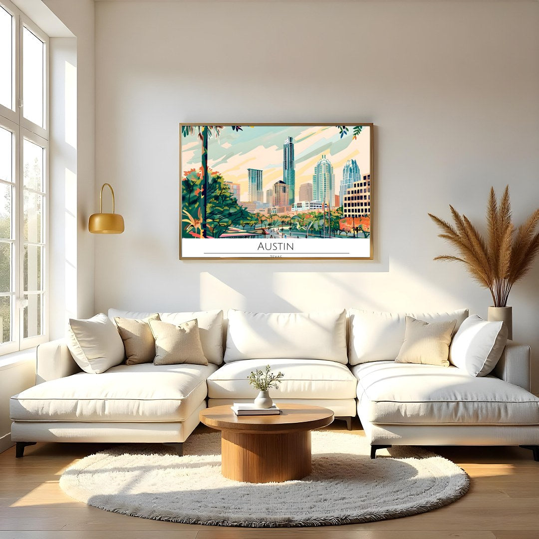 Capture the dynamic spirit of Austin, Texas with this vibrant skyline illustration. Featuring a for Living Room