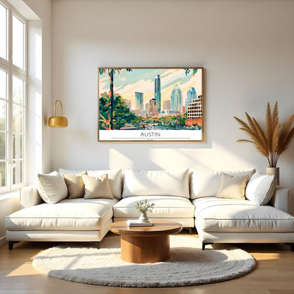 Capture the dynamic spirit of Austin, Texas with this vibrant skyline illustration. Featuring a for Living Room