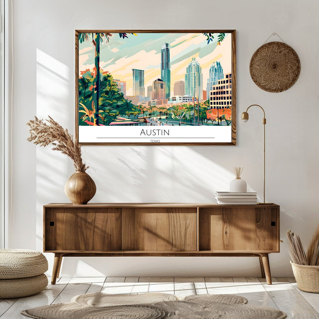 Capture the dynamic spirit of Austin, Texas with this vibrant skyline illustration. Featuring a for Sitting Area