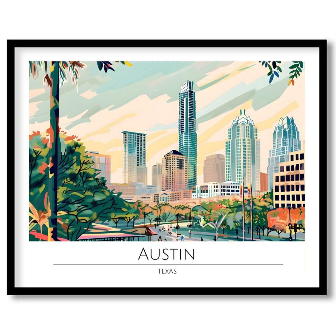 Capture the dynamic spirit of Austin, Texas with this vibrant skyline illustration. Featuring a for sweet-home