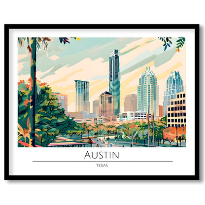Capture the dynamic spirit of Austin, Texas with this vibrant skyline illustration. Featuring a for sweet-home