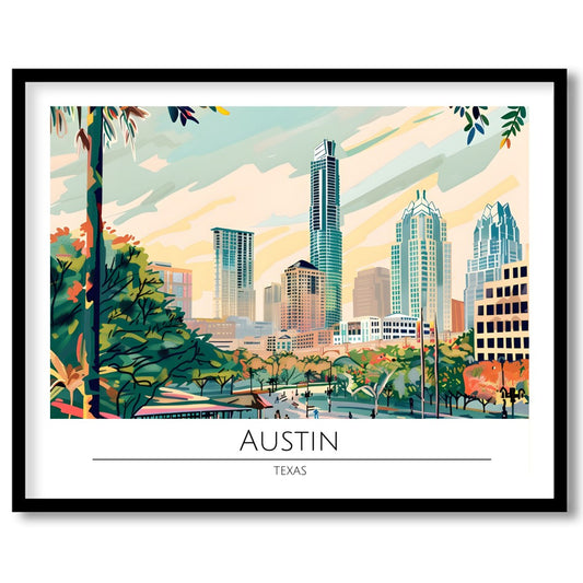Capture the dynamic spirit of Austin, Texas with this vibrant skyline illustration. Featuring a for sweet-home