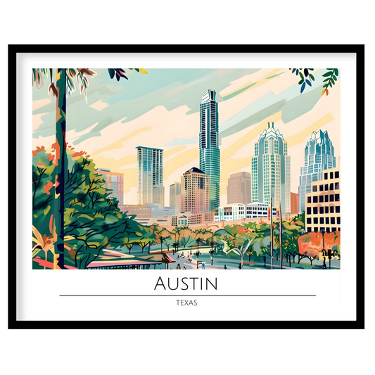 Capture the dynamic spirit of Austin, Texas with this vibrant skyline illustration. Featuring a for sweet-home