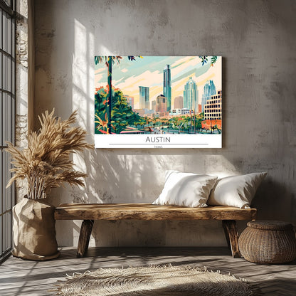 Capture the dynamic spirit of Austin, Texas with this vibrant skyline illustration. Featuring a for Veranda