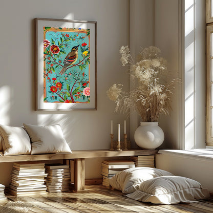 This captivating artwork features a beautifully detailed bird amidst a rich tapestry of colorful for area