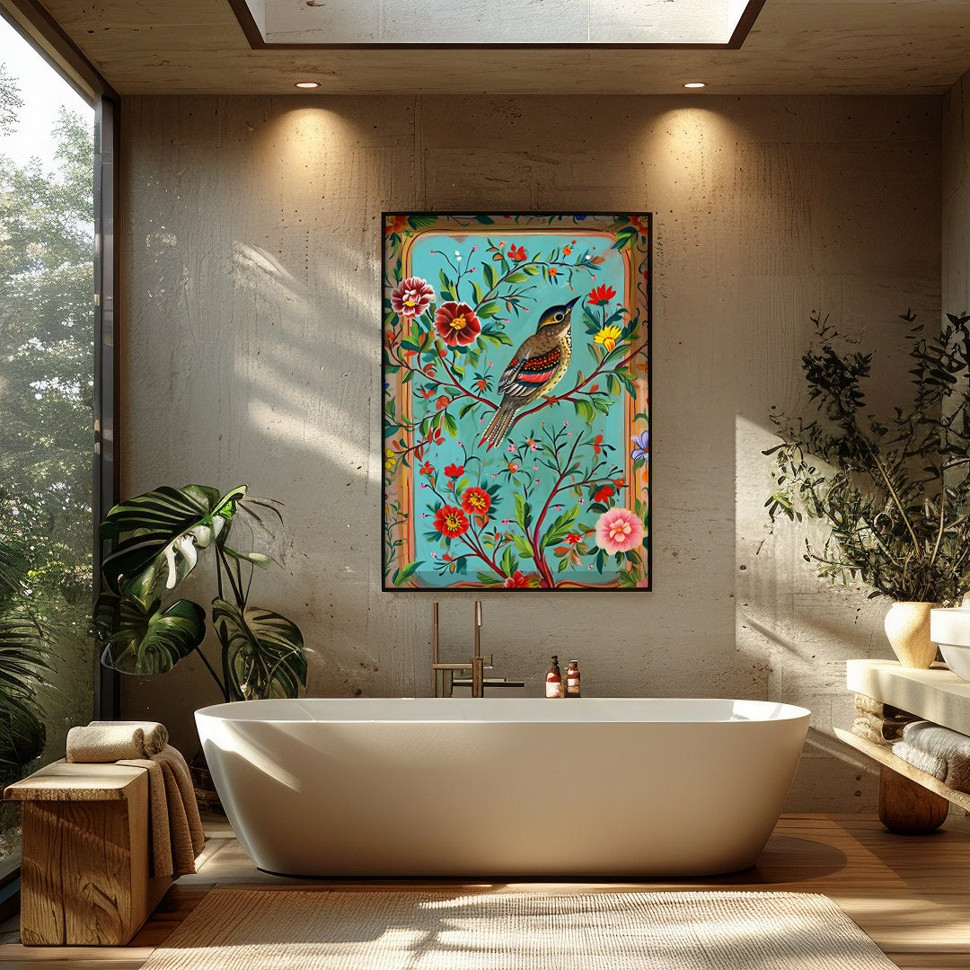 This captivating artwork features a beautifully detailed bird amidst a rich tapestry of colorful for Bathroom