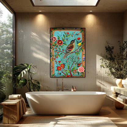 This captivating artwork features a beautifully detailed bird amidst a rich tapestry of colorful for Bathroom