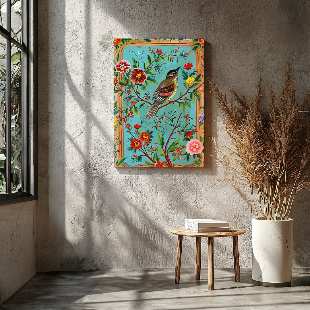 This captivating artwork features a beautifully detailed bird amidst a rich tapestry of colorful for Entrance