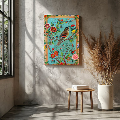 This captivating artwork features a beautifully detailed bird amidst a rich tapestry of colorful for Entrance