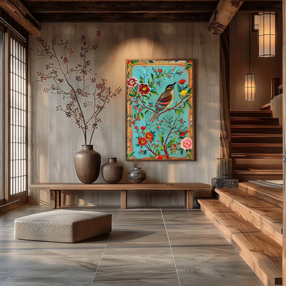This captivating artwork features a beautifully detailed bird amidst a rich tapestry of colorful for Hall