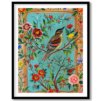 This captivating artwork features a beautifully detailed bird amidst a rich tapestry of colorful for house