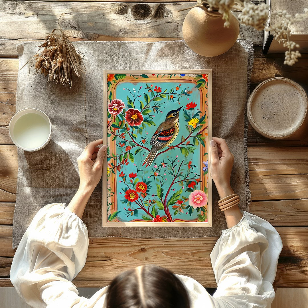 This captivating artwork features a beautifully detailed bird amidst a rich tapestry of colorful for Kitchen