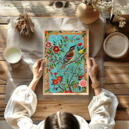This captivating artwork features a beautifully detailed bird amidst a rich tapestry of colorful for Kitchen