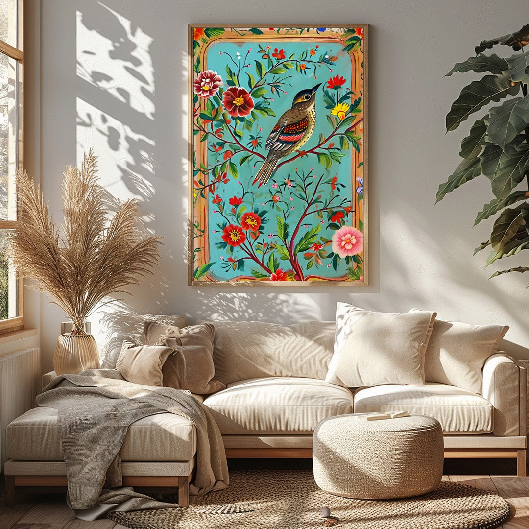 This captivating artwork features a beautifully detailed bird amidst a rich tapestry of colorful for Sitting Area