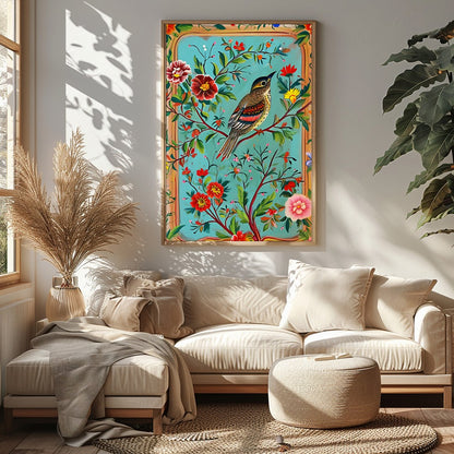 This captivating artwork features a beautifully detailed bird amidst a rich tapestry of colorful for Sitting Area