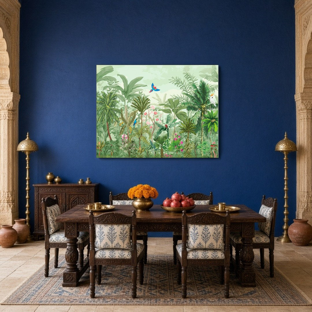 Immerse yourself in the vivid tapestry of a Mughal-inspired garden, teeming with exotic birds and for Dining