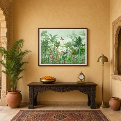 Immerse yourself in the vivid tapestry of a Mughal-inspired garden, teeming with exotic birds and for Entrance