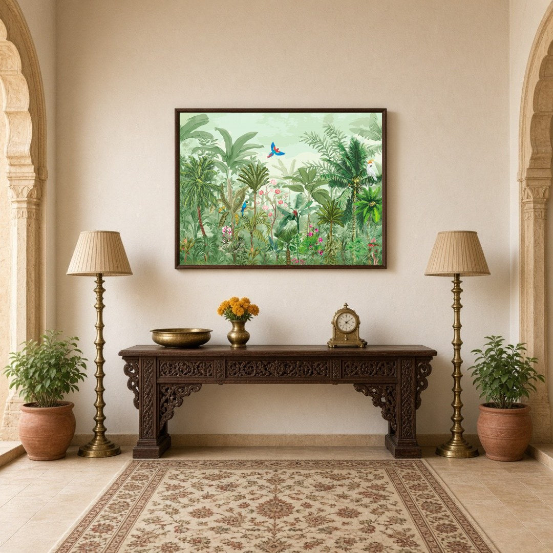 Immerse yourself in the vivid tapestry of a Mughal-inspired garden, teeming with exotic birds and for Hallway