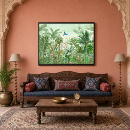 Immerse yourself in the vivid tapestry of a Mughal-inspired garden, teeming with exotic birds and for Living Room