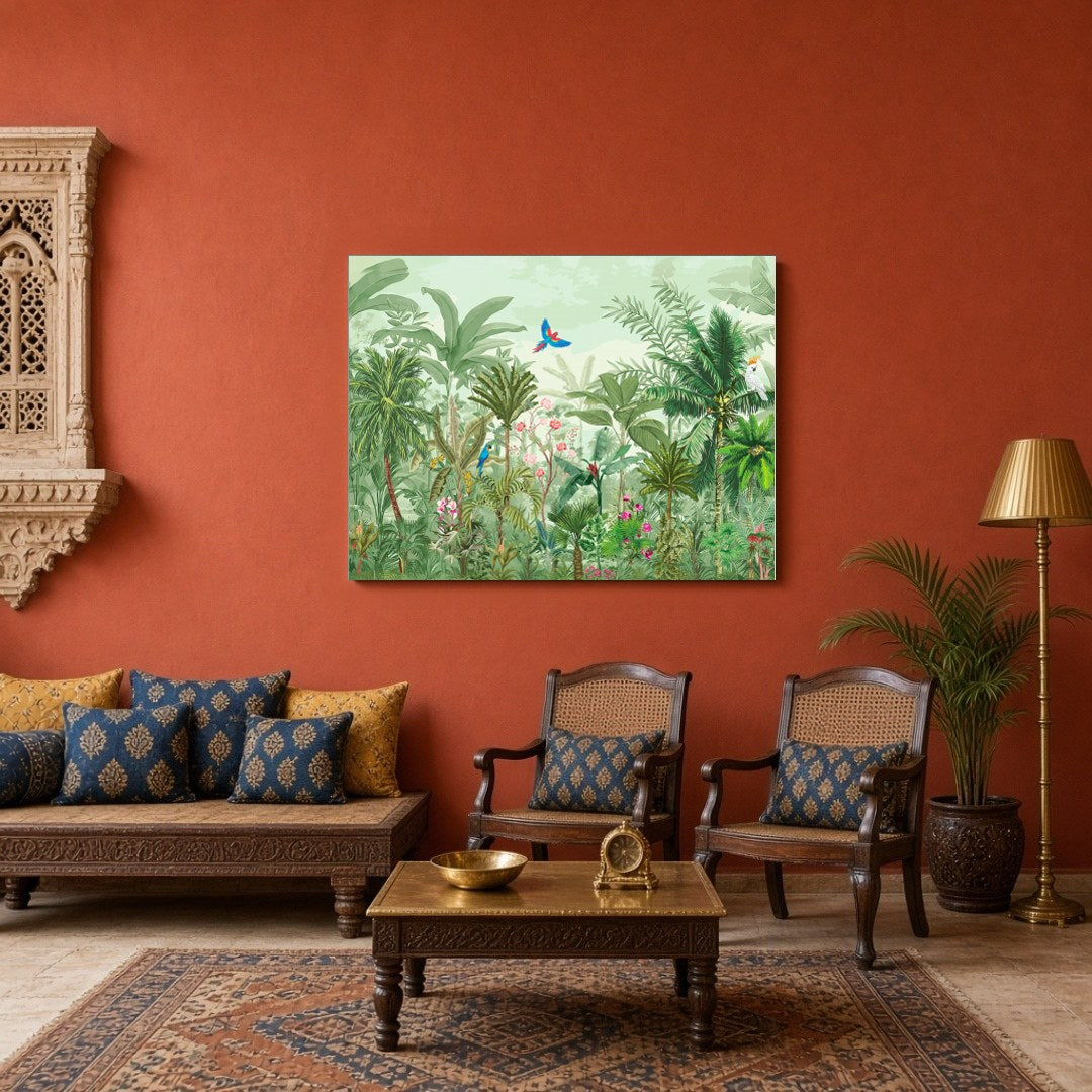 Immerse yourself in the vivid tapestry of a Mughal-inspired garden, teeming with exotic birds and for Sitting Area