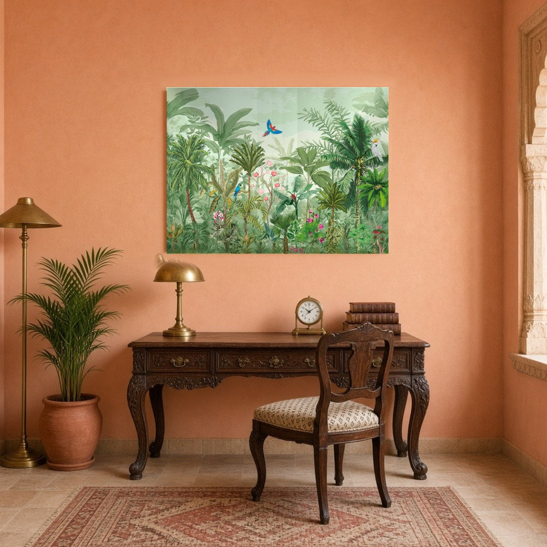 Immerse yourself in the vivid tapestry of a Mughal-inspired garden, teeming with exotic birds and for Study