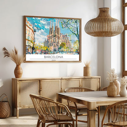 Immerse yourself in the vibrant cityscape of Barcelona with this captivating artwork, featuring the for Dining