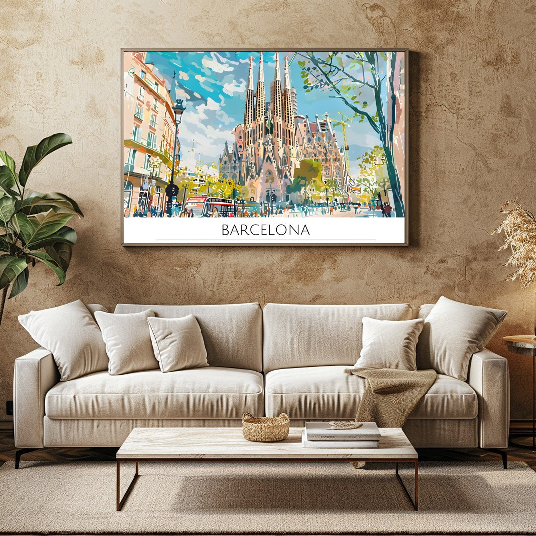 Immerse yourself in the vibrant cityscape of Barcelona with this captivating artwork, featuring the for Family Room