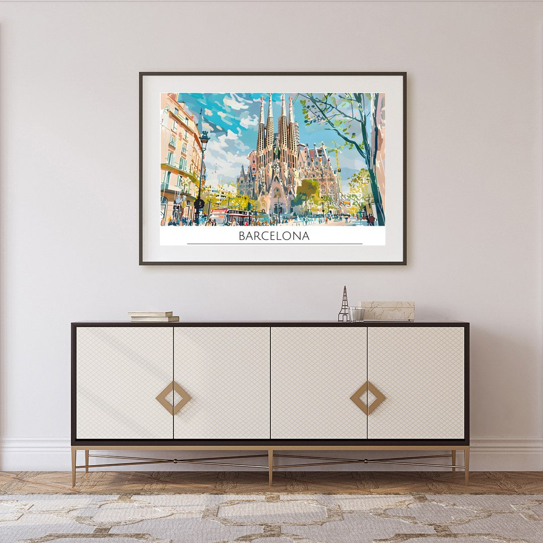 Immerse yourself in the vibrant cityscape of Barcelona with this captivating artwork, featuring the for Foyer