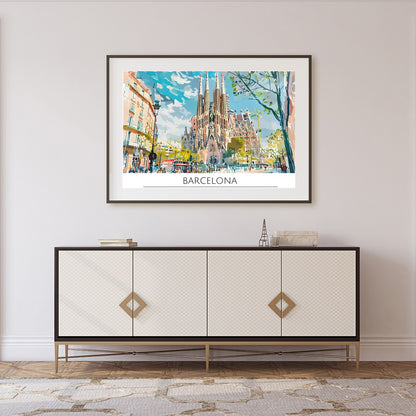 Immerse yourself in the vibrant cityscape of Barcelona with this captivating artwork, featuring the for Foyer