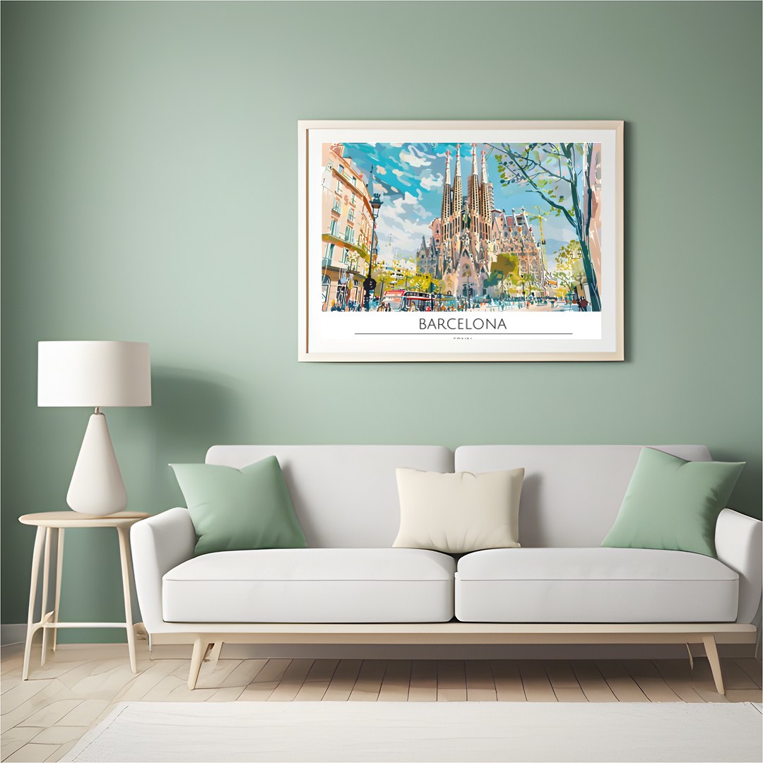Immerse yourself in the vibrant cityscape of Barcelona with this captivating artwork, featuring the for Hall